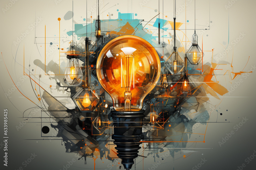 Poster An abstract image of a light bulb created with geometric shapes and lines is a popular trend. Painted  Generative AI technology.