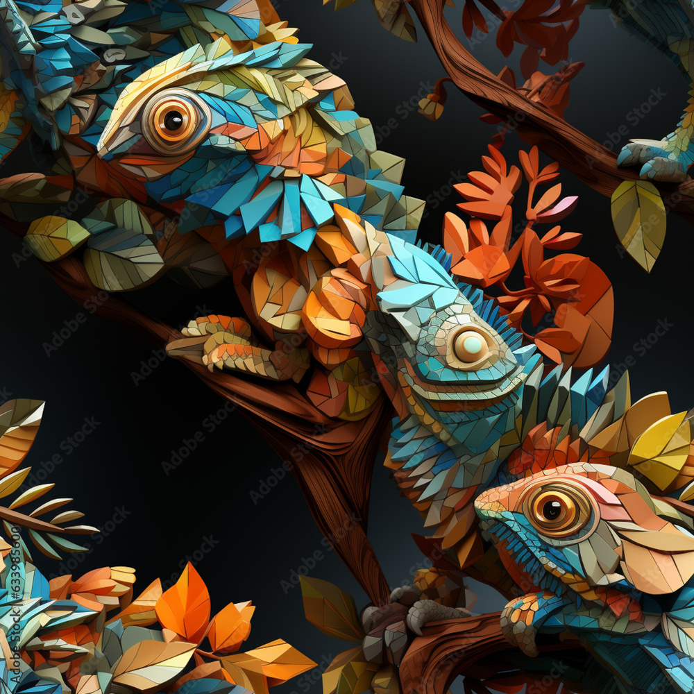 Fototapete a chameleon perched on a branch, its body adorned with a combination of geometric shapes and colors.