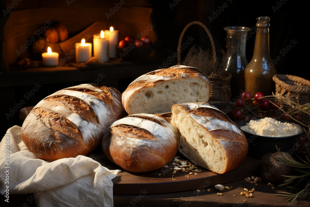Poster an image of traditional georgian bread, shot against the backdrop of a rustic bakery and reflecting 