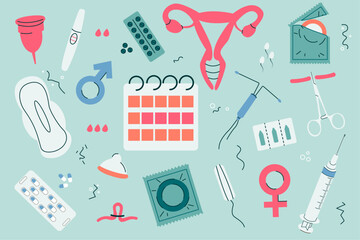 Set vector illustration of contraception and women's days. Means of protection.Monthly.Pms.Vector set in a minimal style in pastel colors. - obrazy, fototapety, plakaty