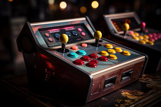 Retro arcade machine with colorful buttons and joystick