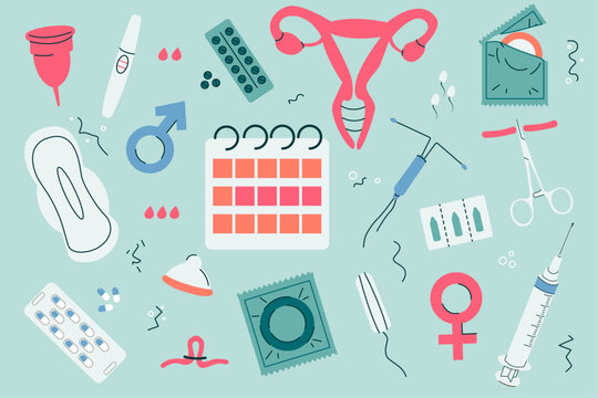 Set vector illustration of contraception and women's days. Means of protection.Monthly.Pms.Vector set in a minimal style in pastel colors.