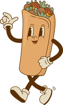 Naklejki retro cartoon funny doner kebab, pita characters. Vintage taco, burritos, gyros mascot vector illustration. Nostalgia 60, 70s, 80s