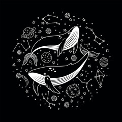 Vector illustration with whales in space