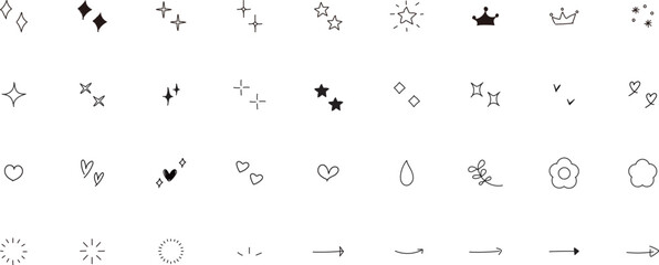 イラスト素材：かわいい手書きのあしらいセット（キラキラ・ハート・花・矢印・太陽）