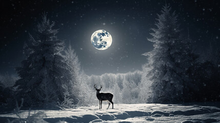 A reindeer out in the snow with a full moon