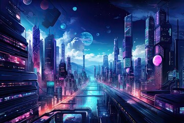 Cyberpunk Futuristic city panorama. Fantasy future with neon signs and lights.