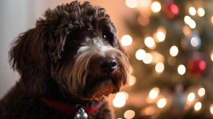 A dog sitting in front of christmas lights