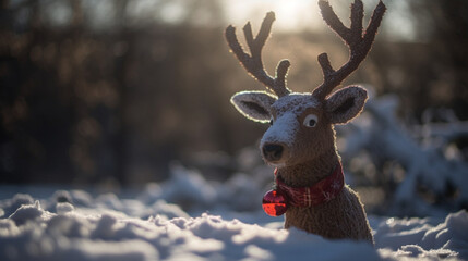 A plush reindeer in the snow