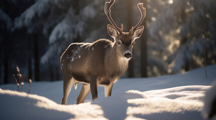 A reindeer in the snow
