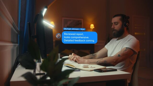 Multiethnic men work on computers in two different apartments. Colleagues online chatting in messenger app on PC at home. 3D VFX animation of text in speech bubbles. SMS chat in social media network.