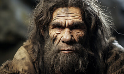 Obraz premium Cave Dweller: Portrait of a Neanderthal Caveman in His Habitat