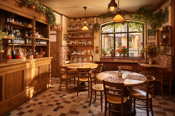 Fototapeta na wymiar Capture the charm of an Italian trattoria with terracotta tiles, wooden wine racks, and checkered tablecloths, evoking a warm and inviting Mediterranean feel.