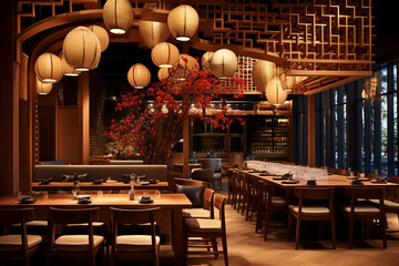 Craft a Japanese izakaya with traditional tatami flooring, paper lanterns, and wooden shoji screens, enveloping guests in an authentic, cultural ambiance." 