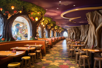 Craft a whimsical fairy tale-inspired restaurant with oversized storybook pages as wallpaper, colorful mosaic flooring, and enchanted forest-themed booths." 