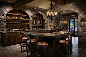 Craft an inviting wine bar with a stone-clad accent wall, oak barrel tables, and soft leather bar stools, inviting guests to unwind and savor fine wines." 