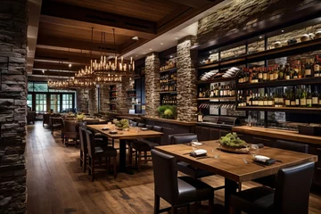 Fotobehang Craft an inviting wine bar with a stone-clad accent wall, oak barrel tables, and soft leather bar stools, inviting guests to unwind and savor fine wines."  © Maksym
