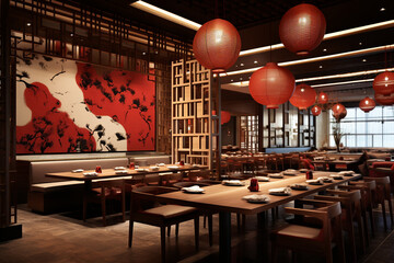 Design a modern Asian fusion restaurant, combining elements from various cultures, with bamboo...