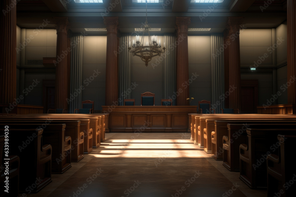 Poster light and dark distinction a sideangle shot of an open court room with a single beam of light stretc