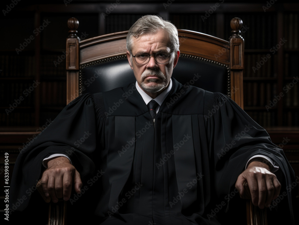 Poster a judge leaning forward from their chair looking down with crossed arms and a stern face at the reca