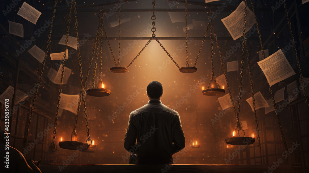 Poster writing a future illuminating a judge writing the words of the writ of exeion while looking up at a 