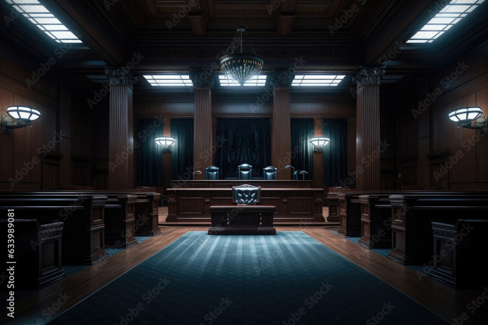 Poster light and dark distinction a sideangle shot of an open court room with a single beam of light stretc
