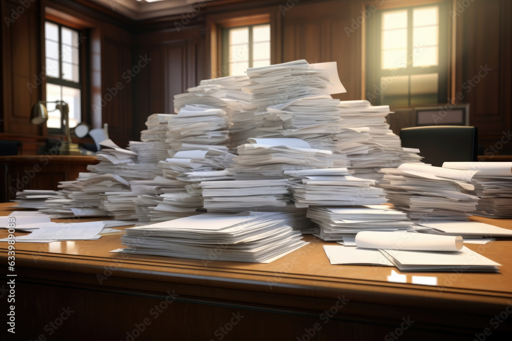 Poster an array of hundreds of documents with file folders fanning out across the table in a courtroom repr