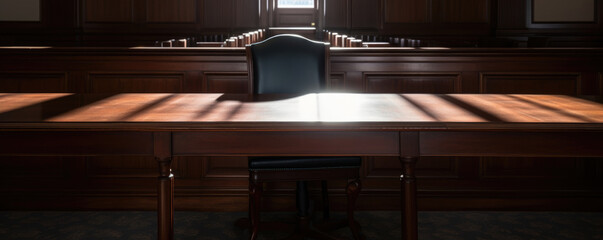 An empty judges seat in a courtroom with shadows cast across it to represent the power of the court system.