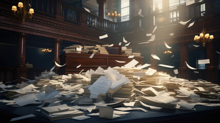 An overwhelmed justice of the peace pouring over a pile of court documents and evidence.