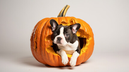 A dog in a pumpkin for halloween