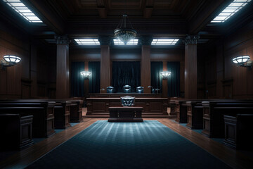 Light and Dark Distinction A sideangle shot of an open court room with a single beam of light stretching to the judicial bench while