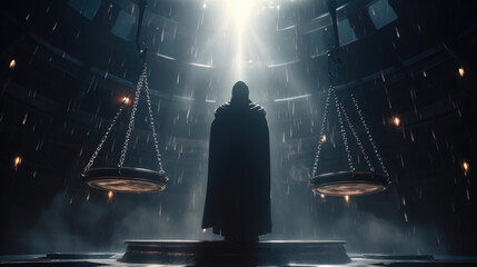 Fototapeta na wymiar A man in a black robe stands on scales of justice the light from the court order illuminated in a beam of light from the Writ of Certiorari.