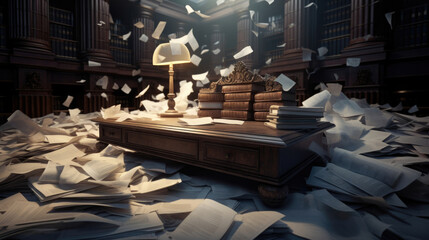 An overwhelmed justice of the peace pouring over a pile of court documents and evidence. - obrazy, fototapety, plakaty
