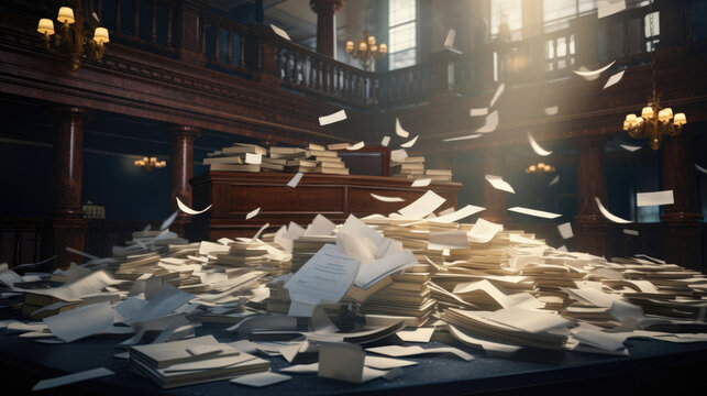 An Overwhelmed Justice Of The Peace Pouring Over A Pile Of Court Documents And Evidence.