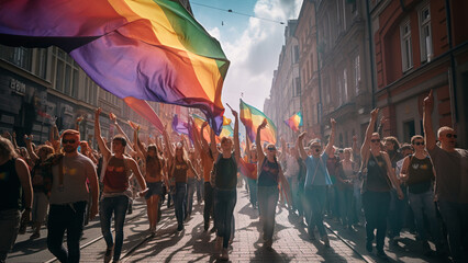 Dynamic view of protest march for LGBT rights on city street, holding rainbow flag - obrazy, fototapety, plakaty