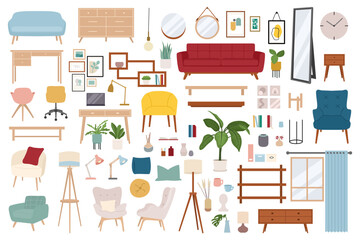 Living room furniture big set of 70+ elements interior in flat style. 