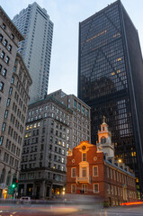 Old State House and the skyscrapers of the Financial District at night in Boston, Massachusetts, USA