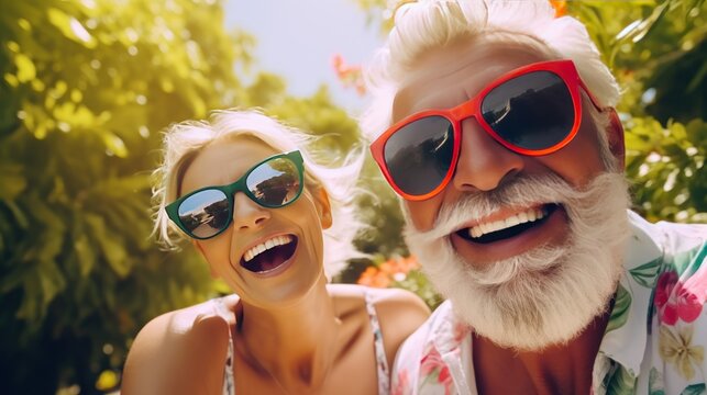 Happy mature couple in sunglasses enjoying and having fun on holiday on green background. Travel and lifestyle of travelers. close up