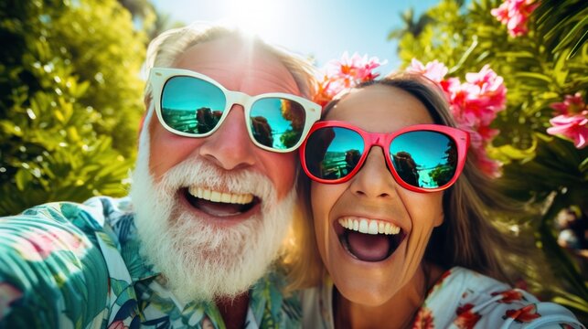 Happy mature couple in sunglasses enjoying and having fun on holiday on green background. Travel and lifestyle of travelers. close up