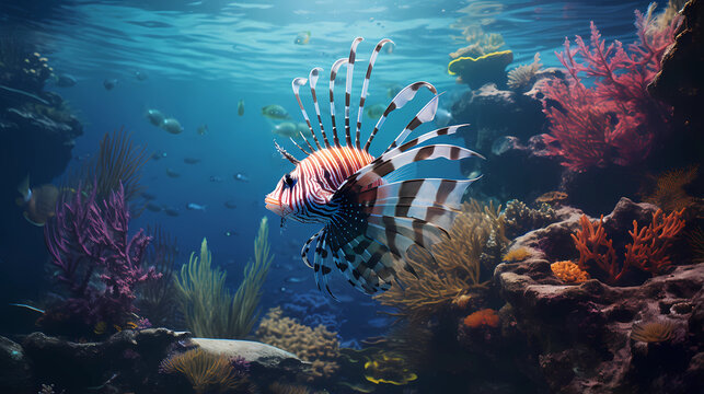 An underwater nook where lionfish gracefully fan their fins