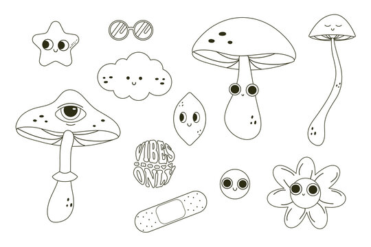 Groovy linear clip art sticker set. Vector illustration