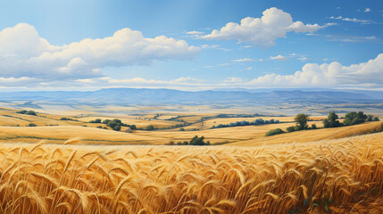 Endless Horizon: A panoramic view of undulating wheat fields merging with the distant horizon, creating a sense of vastness and serenity 