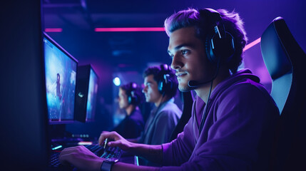 The gamer wearing a headset with a built-in microphone, communicating with teammates 