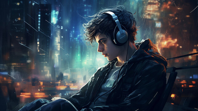 The gamer wearing gaming headphones, immersed in the captivating soundscapes 