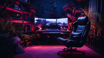 Fototapeta na wymiar A cinematic shot of the gamer's setup, with a dramatic lighting setup for streaming 