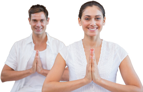 Digital png photo of caucasian couple practicing yoga on transparent background