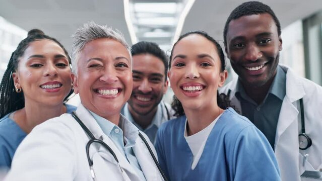 Doctor, face or team selfie at hospital for social media app, profile picture or about us post online. Portrait, smile or happy medical workers in photo for internet or web for networking in clinic