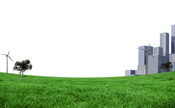 Digital png illustration of meadow and skyscrapers on transparent background - Powered by Adobe
