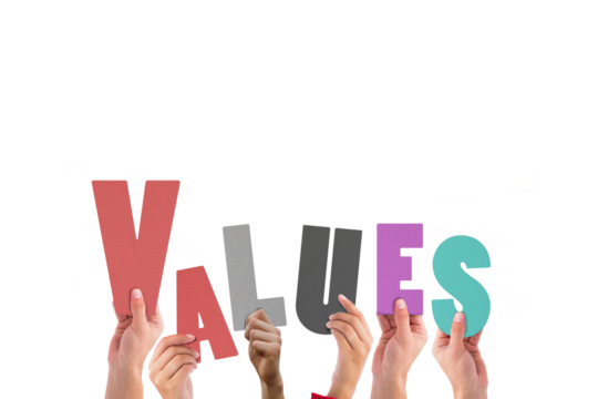 Digital png illustration of hands with values text on transparent background - Powered by Adobe
