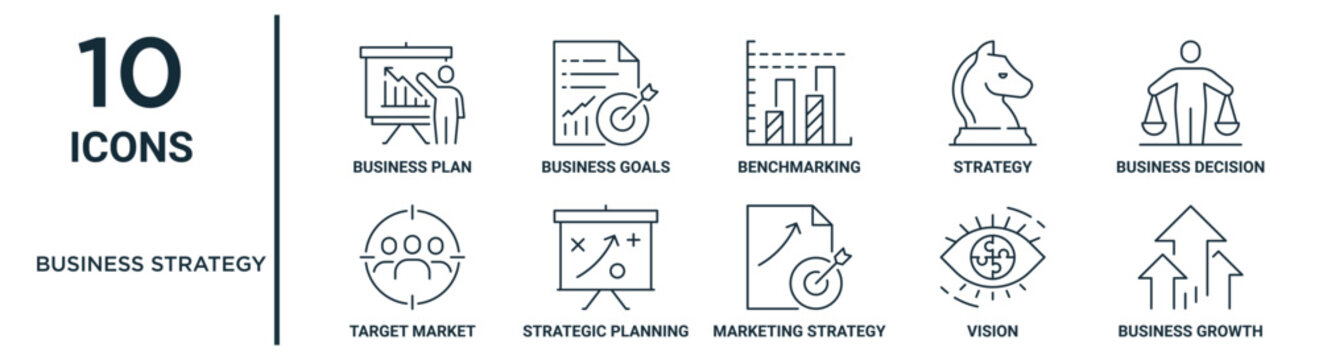 Business Strategy Outline Icon Set Such As Thin Line Business Plan, Benchmarking, Business Decision, Strategic Planning, Vision, Growth, Target Market Icons For Report, Presentation, Diagram, Web